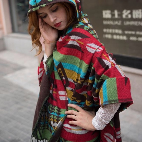 Pendleton like pattern hooded blanket cape/ wrap - Picture 2 of 7